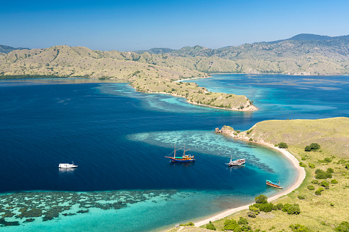 Aerial view of the of the Gili Lawa Darat estuary at the Komodo National Park of Indonesia. A few boats are anchored in the bay to bring divers to the site.