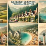 A serene weekend getaway scene featuring rolling hills, a peaceful coastal beach, charming small town cottages, and tranquil mountain landscapes, representing perfect escape destinations from major cities.