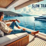 A person relaxing on the deck of a luxurious private yacht, enjoying the serene Mediterranean waters under clear skies, embodying the essence of slow travel.